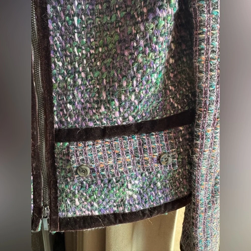 $698 Worth NYC Amethyst Tweed Velvet Ribbon Trim Pocket Wool Blend Jacket Size 8